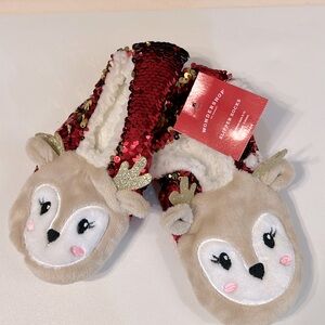 Christmas reindeer fleece lined slipper socks with rubber on footbed S/M (5-7)